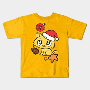 Cute Christmas cat with cooky and stars Kids T-Shirt